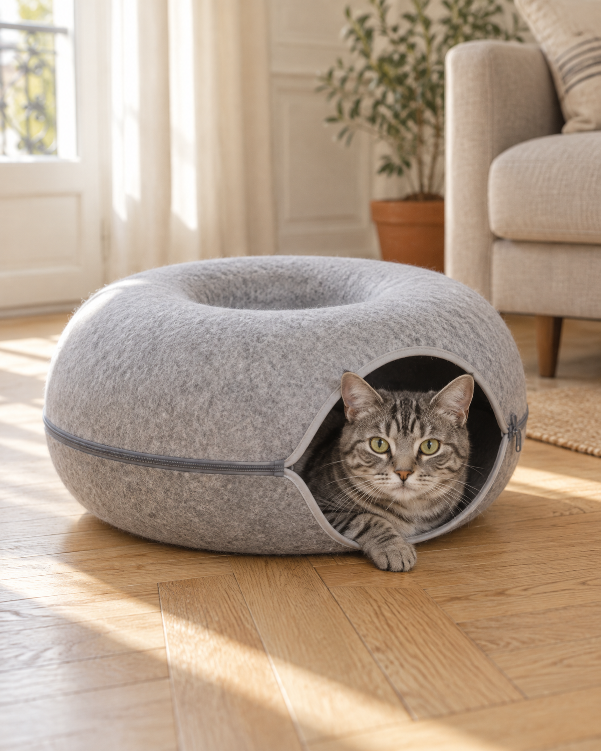 Chat tigré dans l'ouverture de la grotte tunnel en feutre gris clair PoilNet, salon lumineux au parquet clair