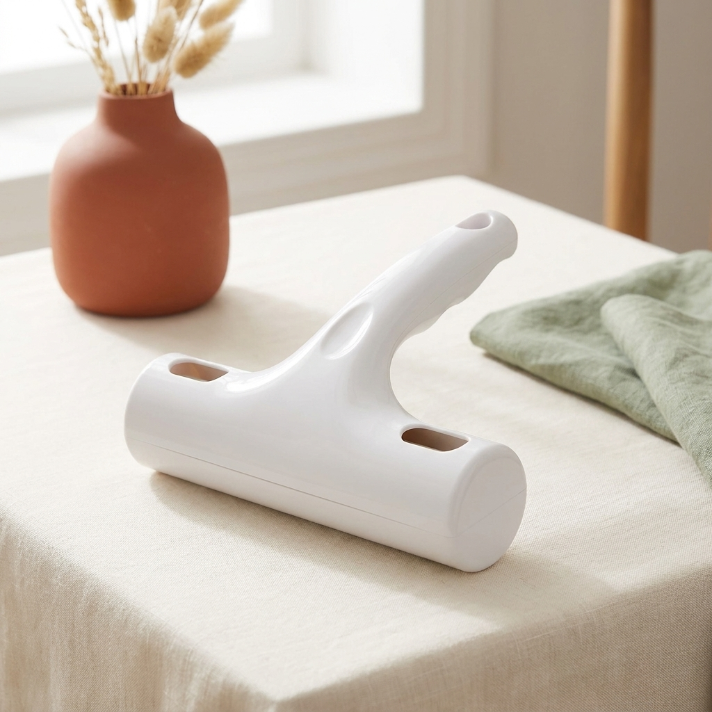 Rouleau anti-poils réutilisable PoilNet, tête en T blanche et poignée ergonomique, posé sur du lin crème