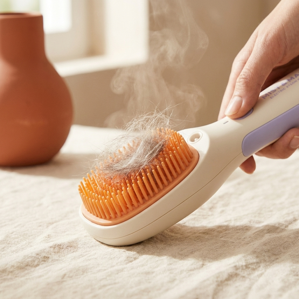 Bouton autonettoyant de la brosse vapeur PoilNet : une pression et les poils se détachent