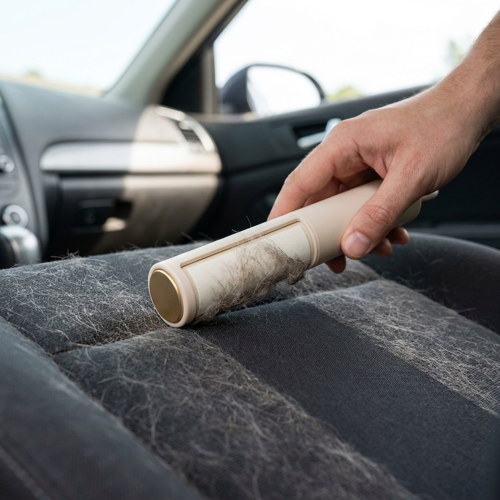 Mini-rouleau anti-poils PoilNet sur un siège de voiture : les poils partent, le tissu redevient net