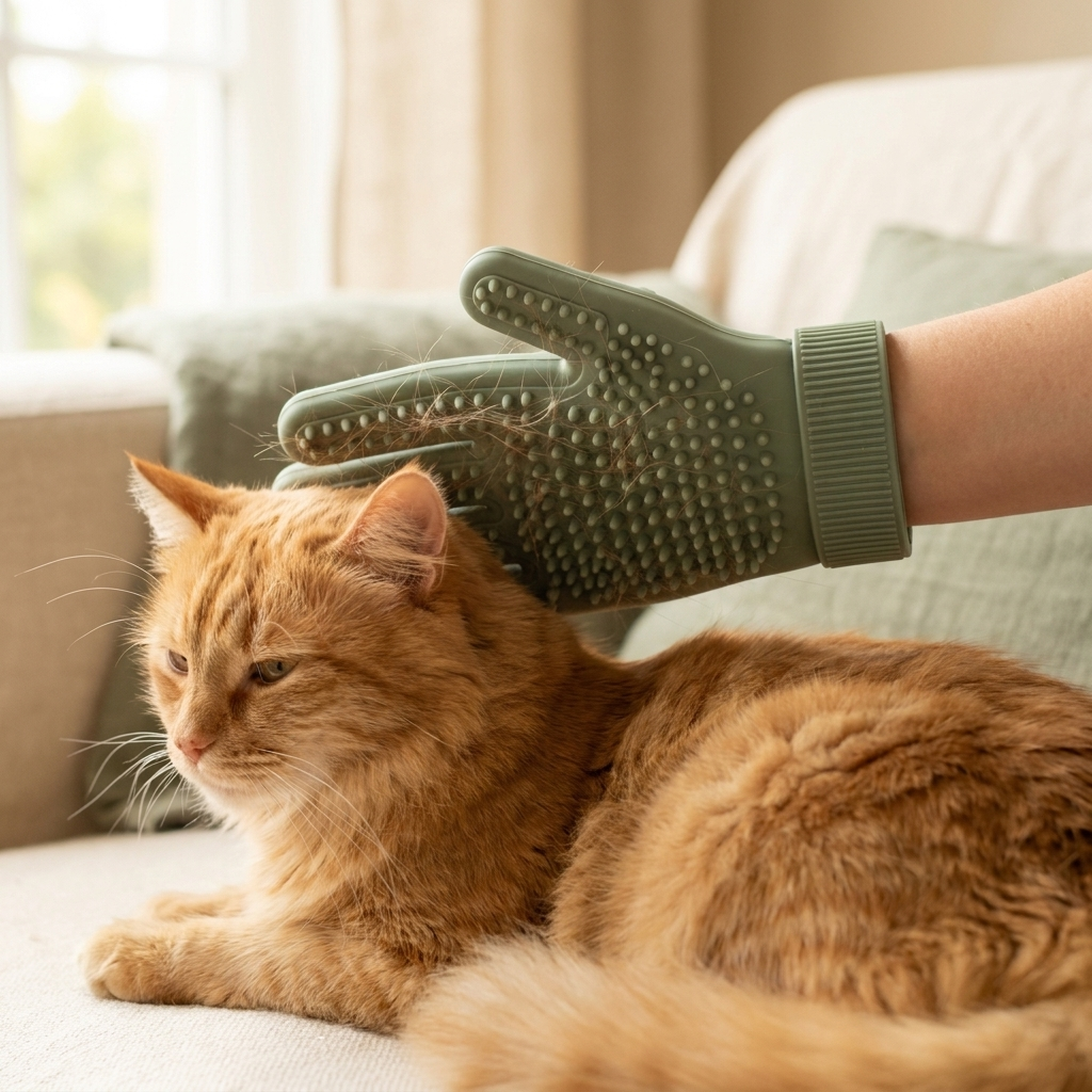 Gant de brossage en silicone PoilNet utilisé sur un chat : les poils morts restent sur le gant
