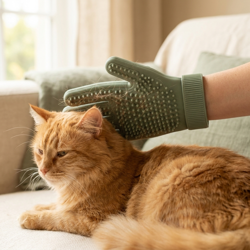 Gant de brossage en silicone PoilNet utilisé sur un chat : les poils morts restent sur le gant