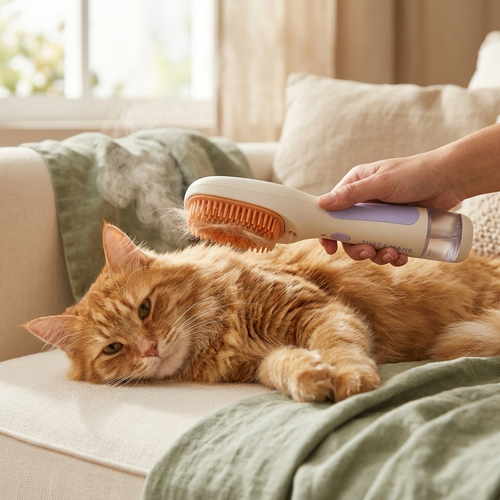 Brosse vapeur 3-en-1 PoilNet utilisée sur un chat à poils longs