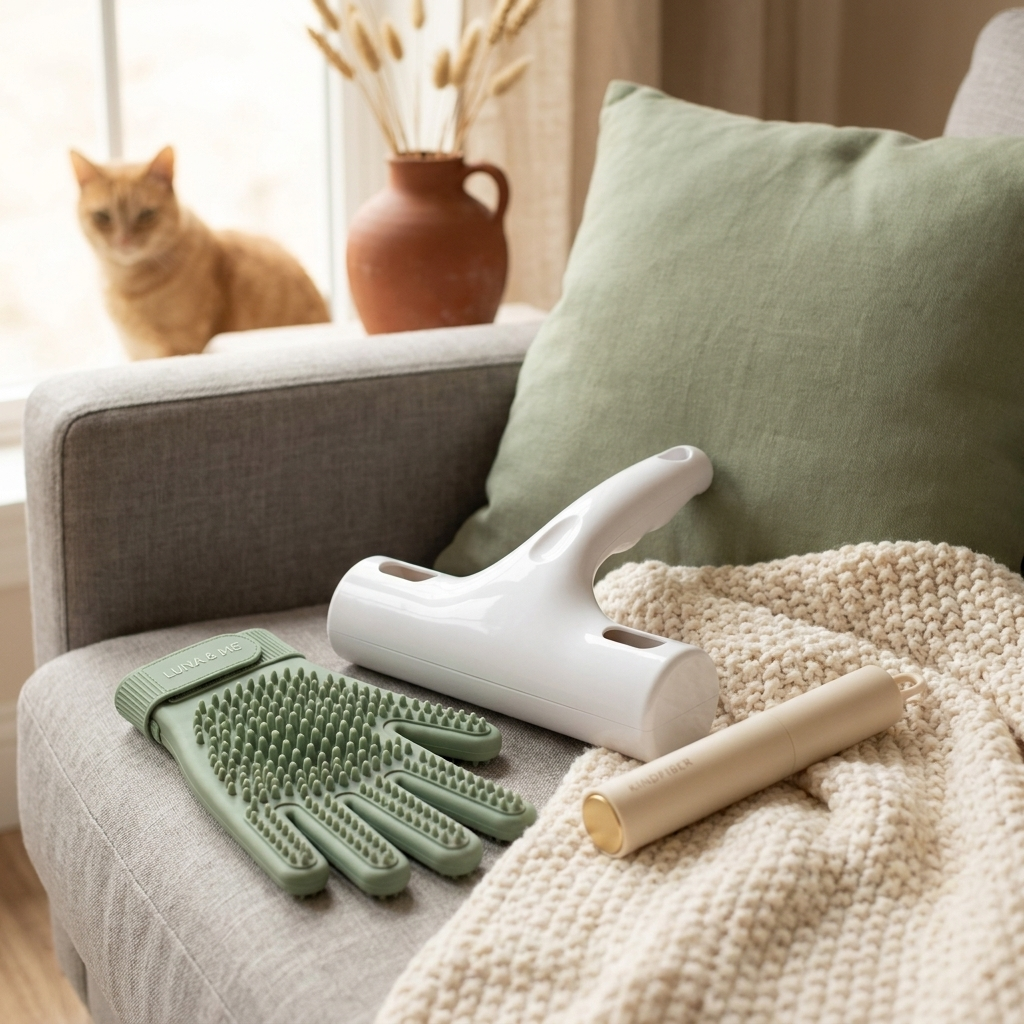 Le Kit Anti-Poils PoilNet dans un salon : les trois accessoires réunis