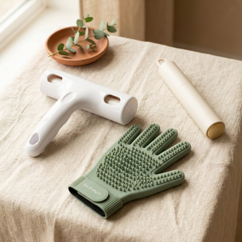 Kit Anti-Poils PoilNet : rouleau réutilisable, gant de brossage en silicone et mini-rouleau voiture