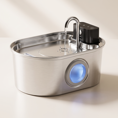 Fontaine à eau inox sans fil PoilNet : bassin ovale en acier inoxydable, bec chromé et hublot rétroéclairé