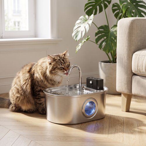Chat buvant à la fontaine à eau inox sans fil PoilNet, posée sur un parquet clair dans un salon