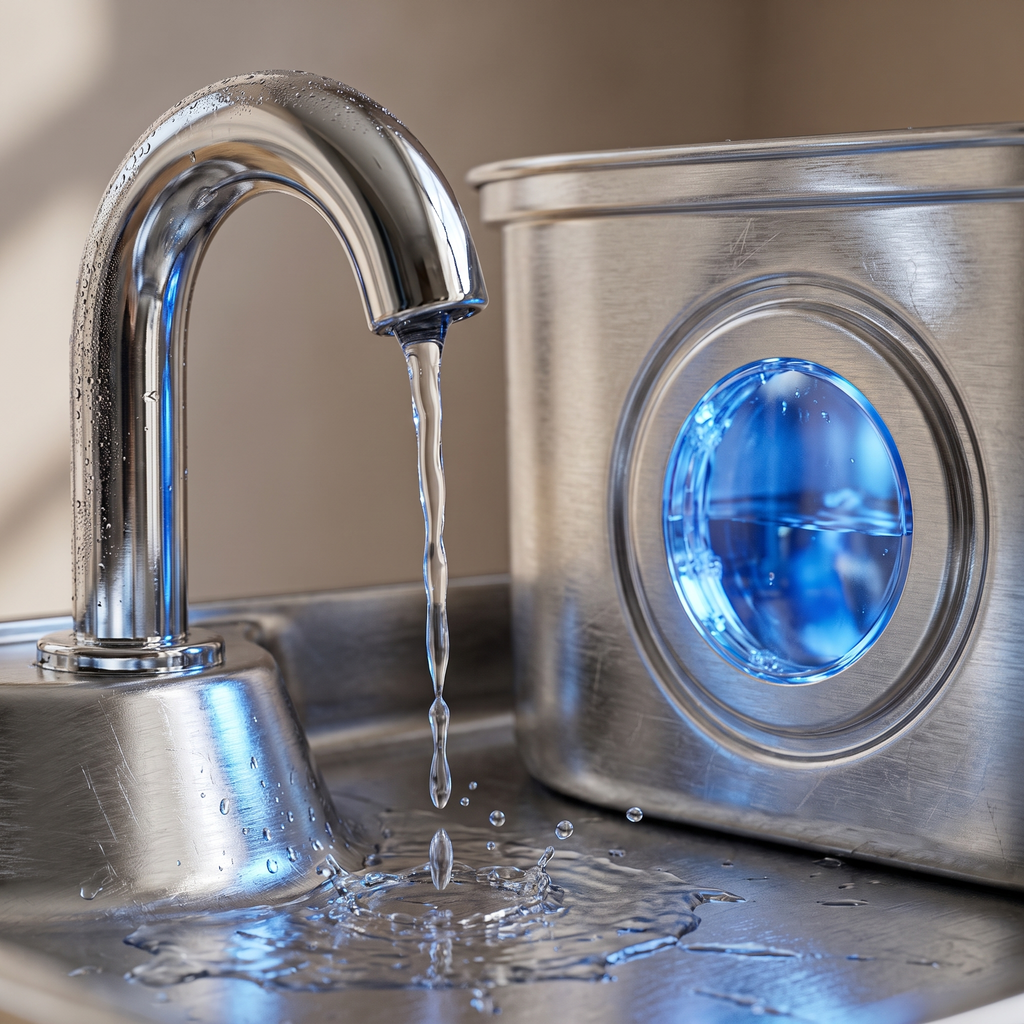 Gros plan sur le filet d'eau et le hublot de niveau rétroéclairé de la fontaine PoilNet