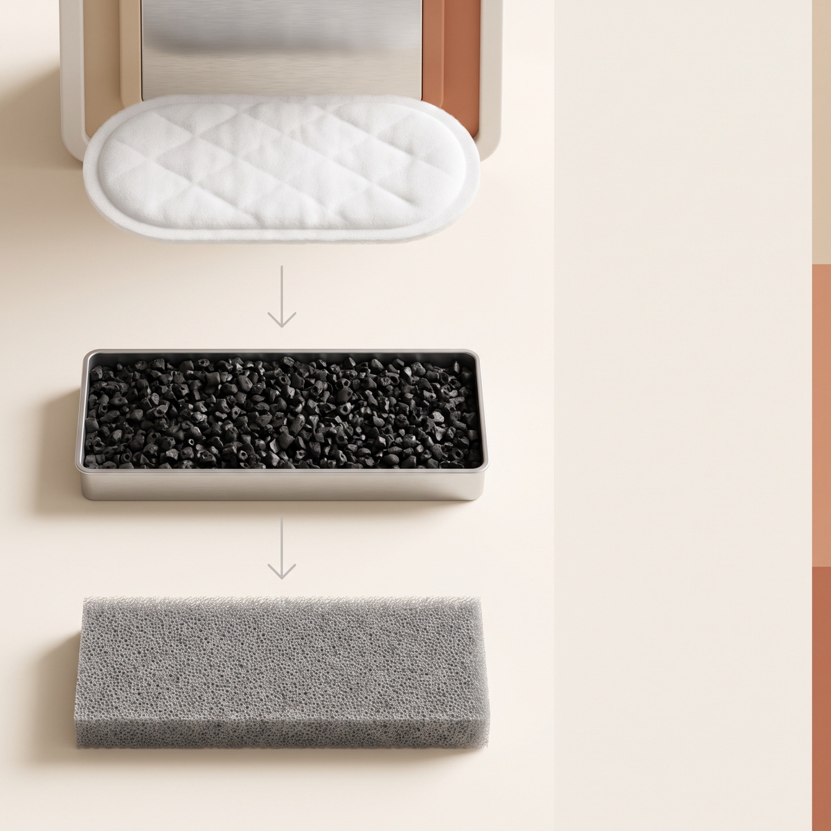 Les trois couches de filtration : coton microporeux, charbon actif, mousse haute densité