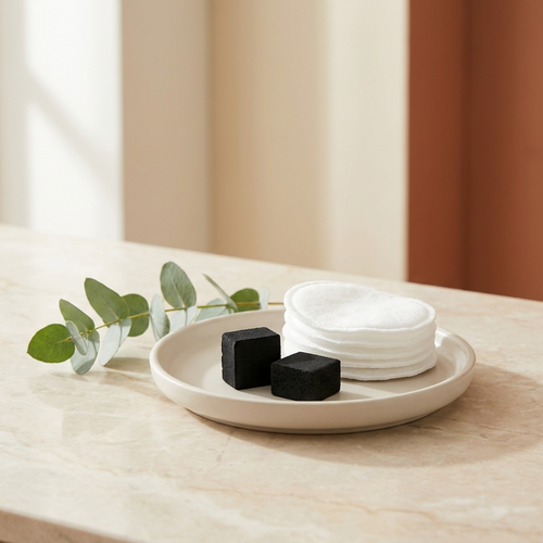 Filtres de rechange PoilNet — coton, charbon actif et mousse, posés sur une coupelle en céramique